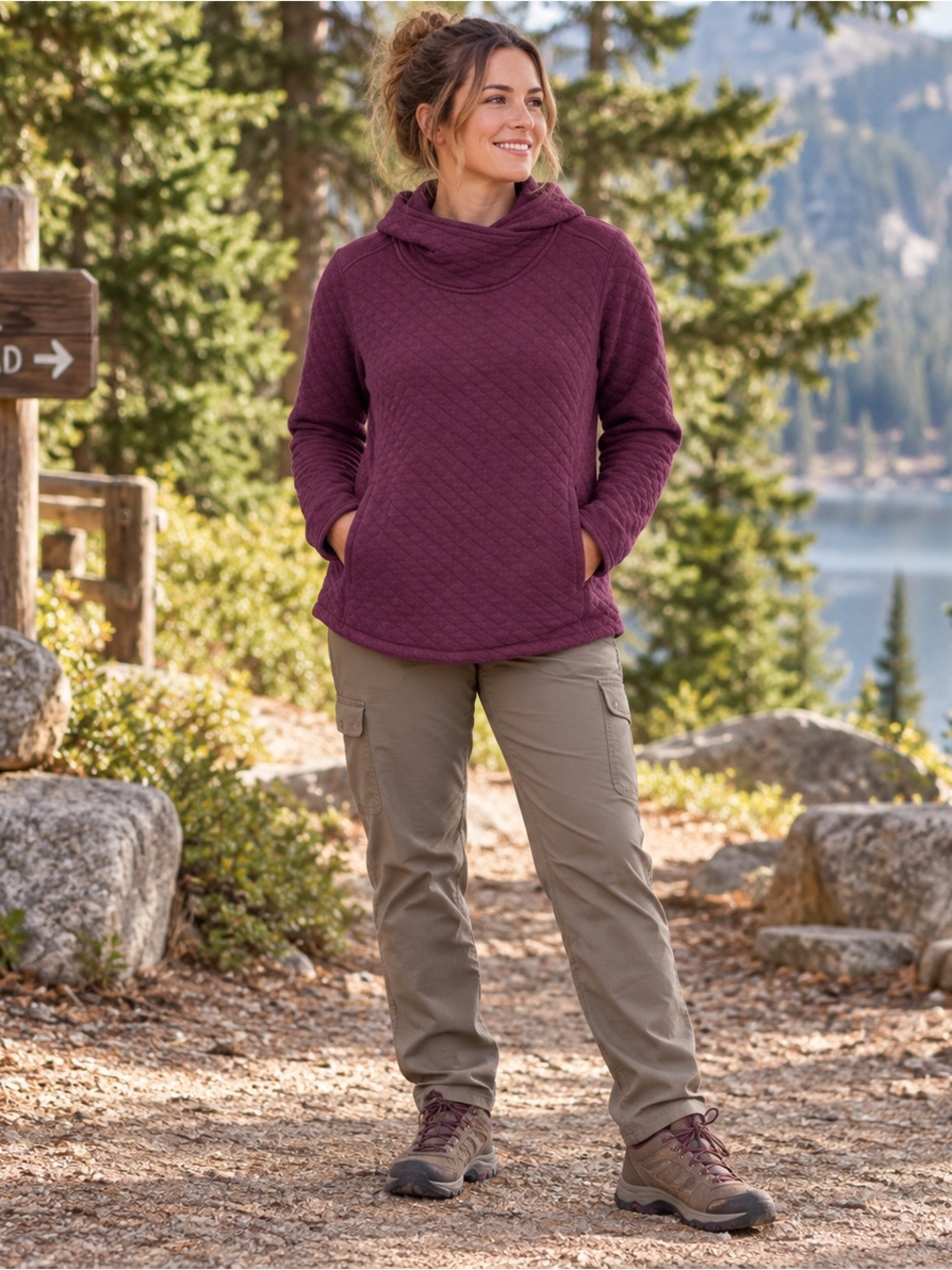 Duluth Trading Co Womens L Quilted Cowl Neck Pullover Sweatshirt Plum Tunic